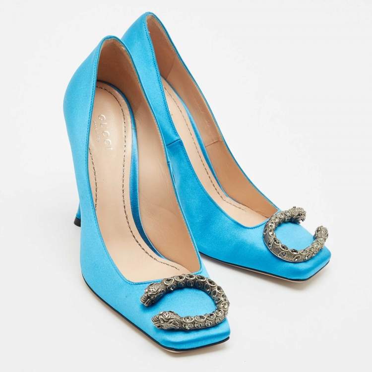 Pre Owned Gucci Light Blue Satin Dionysus Square Toe Pumps Size 36