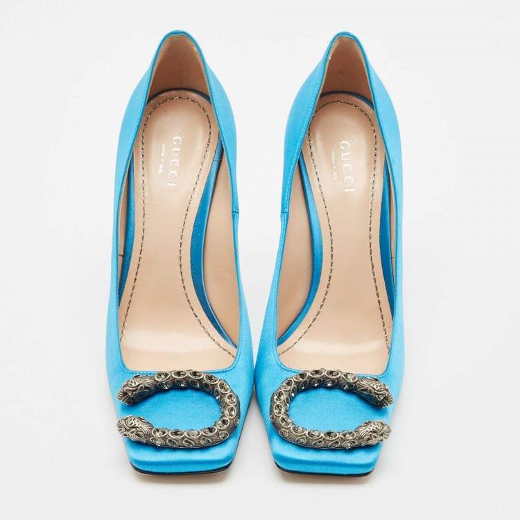 Pre Owned Gucci Light Blue Satin Dionysus Square Toe Pumps Size 36