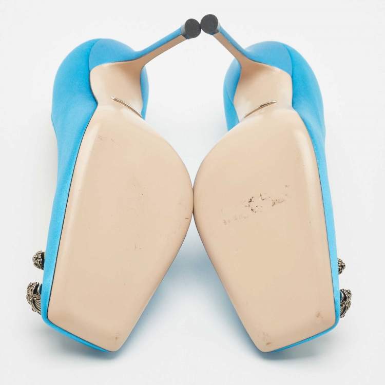 Pre Owned Gucci Light Blue Satin Dionysus Square Toe Pumps Size 36