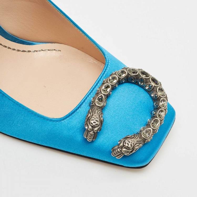 Pre Owned Gucci Light Blue Satin Dionysus Square Toe Pumps Size 36