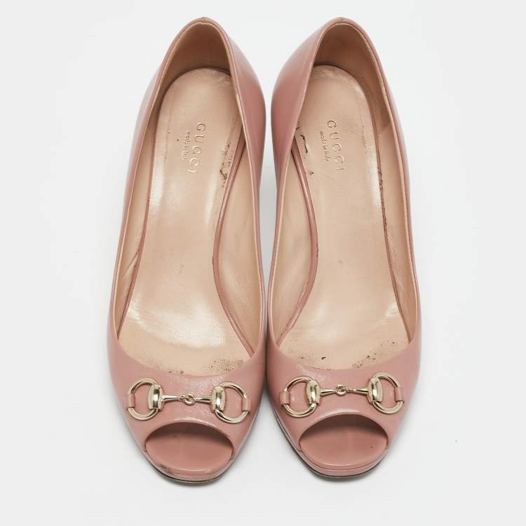 Pre Owned Gucci Light Pink Leather Horsebit Peep Toe Pumps Size 38