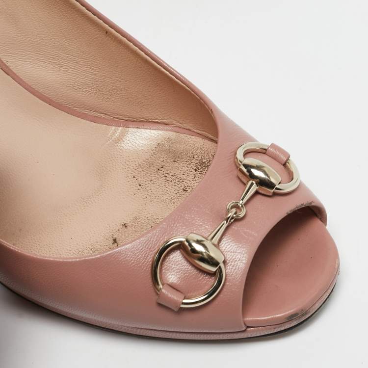 Pre Owned Gucci Light Pink Leather Horsebit Peep Toe Pumps Size 38