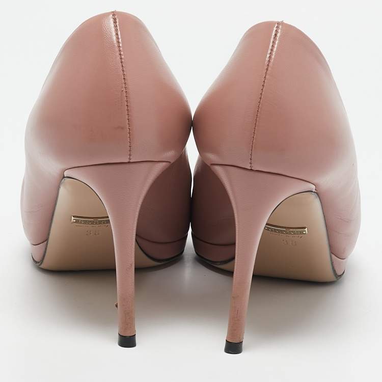 Pre Owned Gucci Light Pink Leather Horsebit Peep Toe Pumps Size 38
