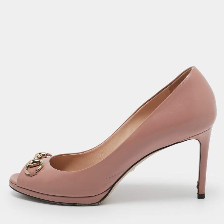 Pre Owned Gucci Light Pink Leather Horsebit Peep Toe Pumps Size 38