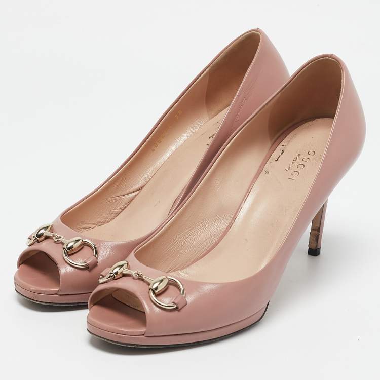 Pre Owned Gucci Light Pink Leather Horsebit Peep Toe Pumps Size 38