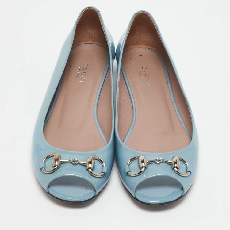 Pre Owned Gucci Light Blue Patent Leather Horsebit Peep Toe Ballet Flats Size 37.5