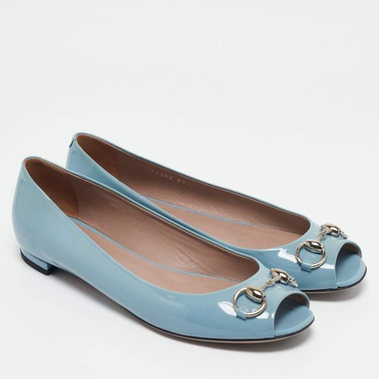 Pre Owned Gucci Light Blue Patent Leather Horsebit Peep Toe Ballet Flats Size 37.5