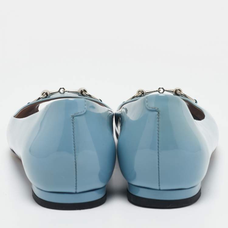 Pre Owned Gucci Light Blue Patent Leather Horsebit Peep Toe Ballet Flats Size 37.5