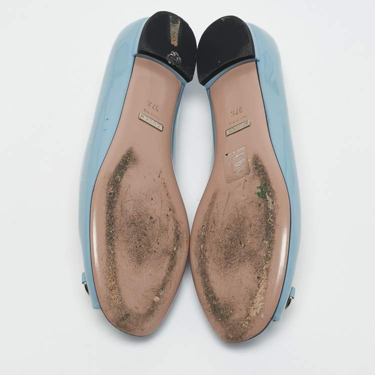 Pre Owned Gucci Light Blue Patent Leather Horsebit Peep Toe Ballet Flats Size 37.5