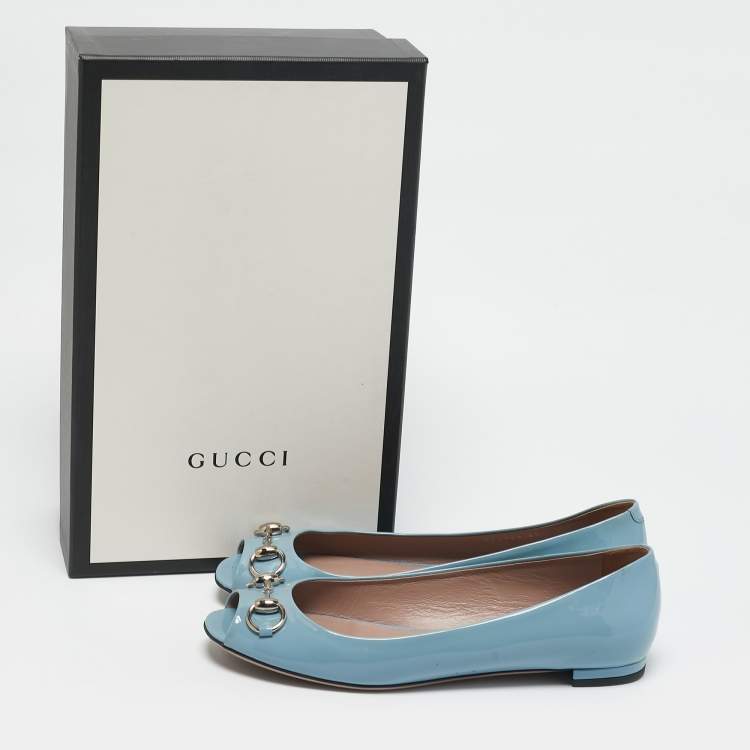 Pre Owned Gucci Light Blue Patent Leather Horsebit Peep Toe Ballet Flats Size 37.5