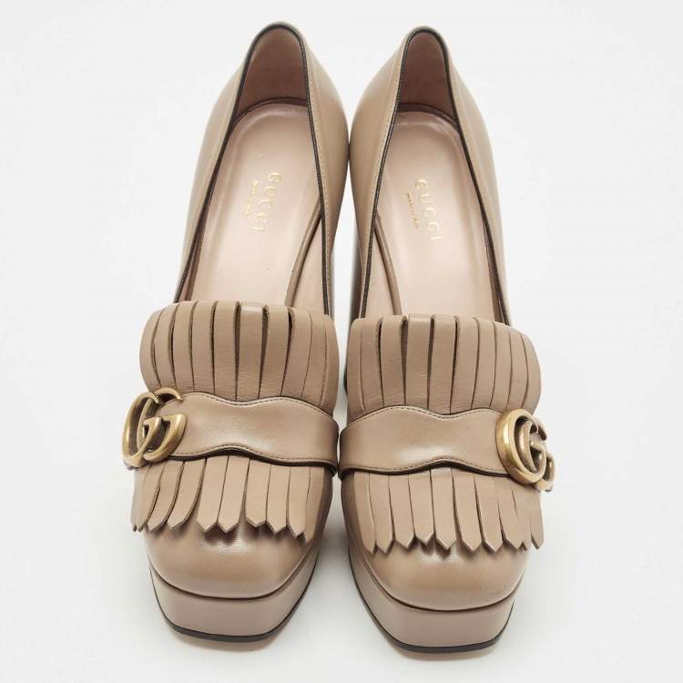Pre Owned Gucci Beige Leather GG Marmont Fringe Platform Pumps Size 38