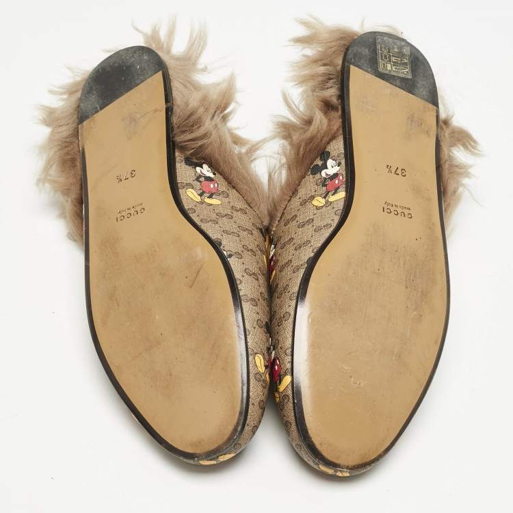 Pre Owned Gucci x Disney Brown Mickey Mouse Print GG Supreme Canvas Princetown Flat Mules Size 37.5