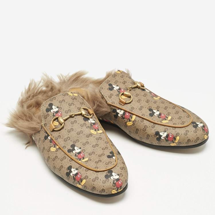 Pre Owned Gucci x Disney Brown Mickey Mouse Print GG Supreme Canvas Princetown Flat Mules Size 37.5