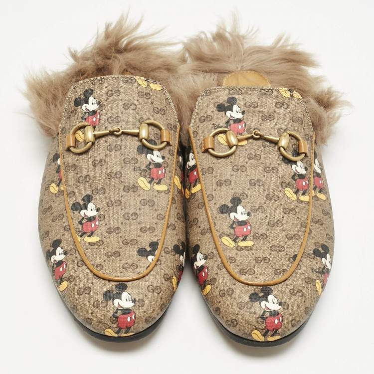 Pre Owned Gucci x Disney Brown Mickey Mouse Print GG Supreme Canvas Princetown Flat Mules Size 37.5