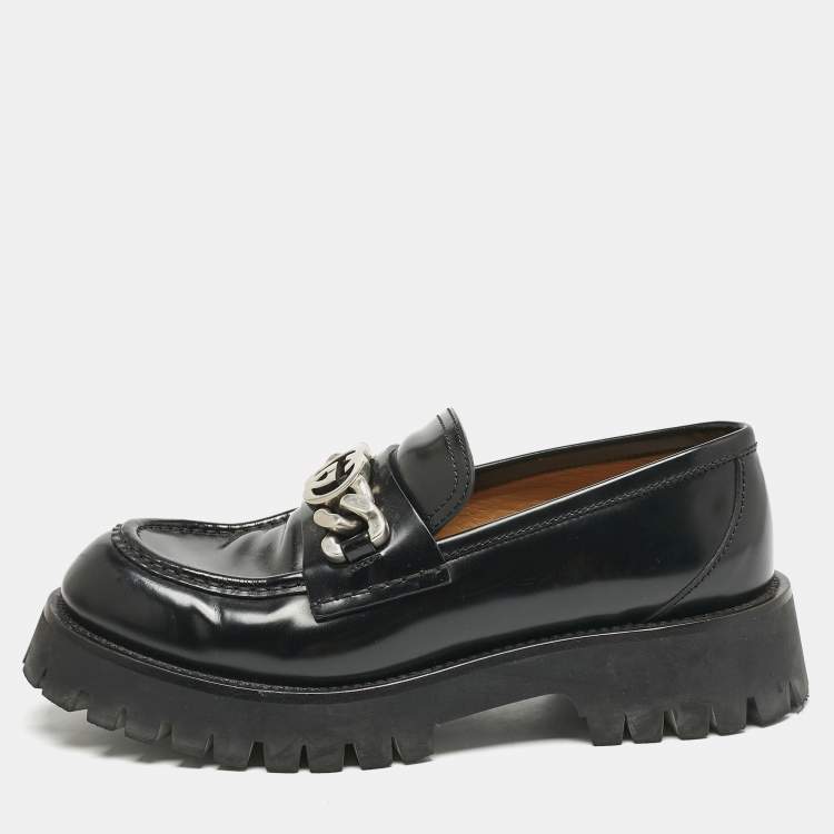 Pre Owned Gucci Black Leather Interlocking G Lug Sole Slip On Loafers Size 40