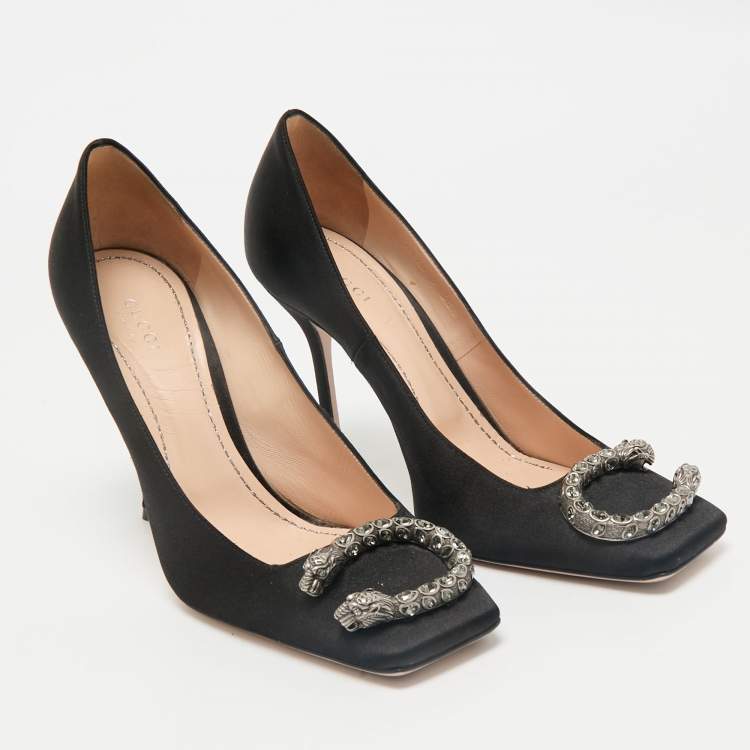 Pre Owned Gucci Black Satin Dionysus Crystals Pumps Size 38.5