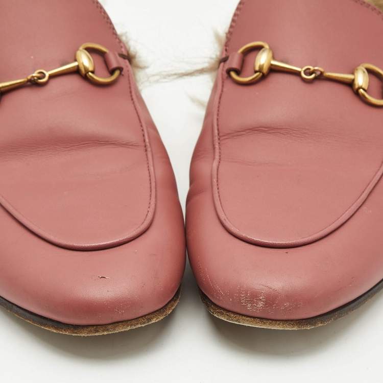 Pre Owned Gucci Pink/Brown Leather and Fur Princetown Flat Mules Size 38