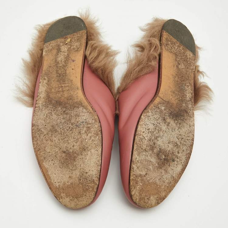 Pre Owned Gucci Pink/Brown Leather and Fur Princetown Flat Mules Size 38