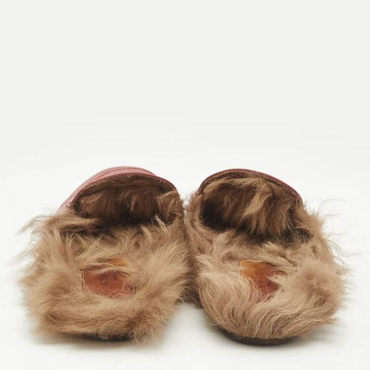 Pre Owned Gucci Pink/Brown Leather and Fur Princetown Flat Mules Size 38