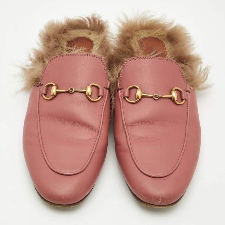 Pre Owned Gucci Pink/Brown Leather and Fur Princetown Flat Mules Size 38