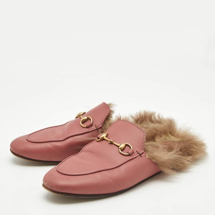 Pre Owned Gucci Pink/Brown Leather and Fur Princetown Flat Mules Size 38