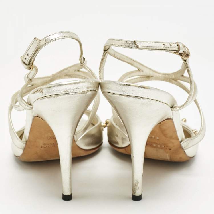 Pre Owned Gucci Metallic Gold Leather Embellished Ankle Strap Sandals Size 38