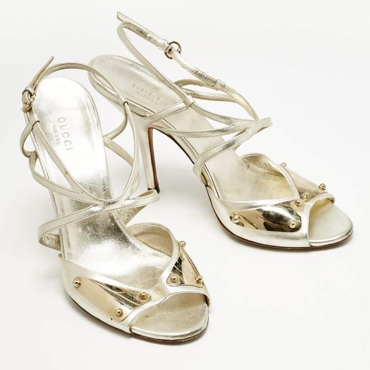 Pre Owned Gucci Metallic Gold Leather Embellished Ankle Strap Sandals Size 38