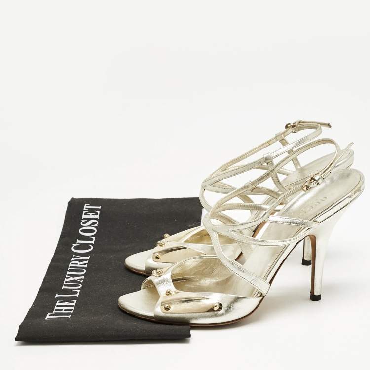 Pre Owned Gucci Metallic Gold Leather Embellished Ankle Strap Sandals Size 38