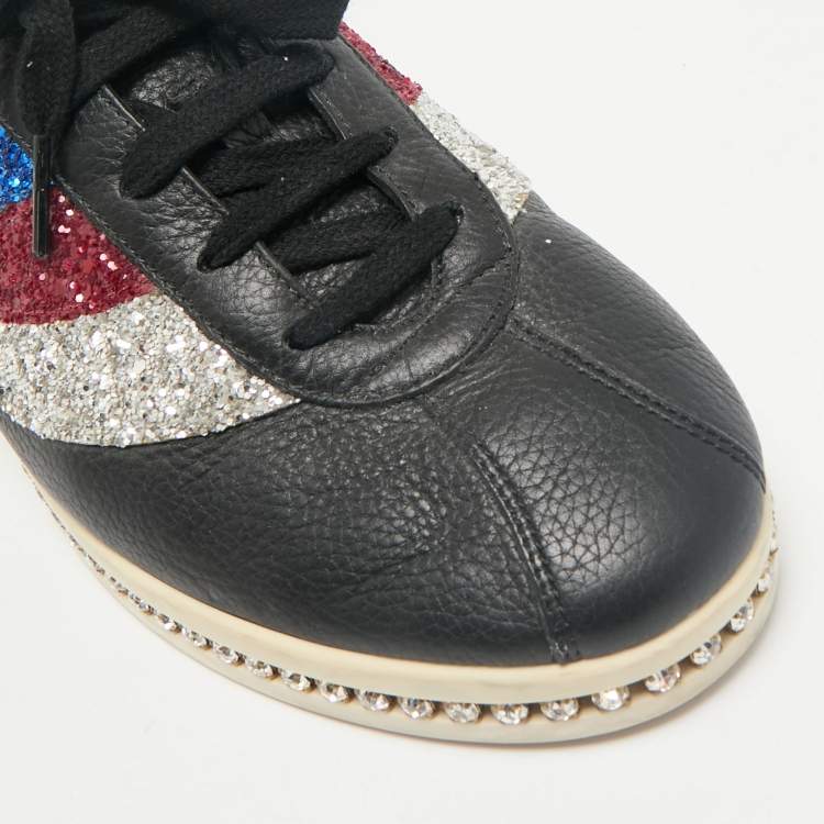 Pre Owned Gucci Black Leather and Glitter Falacer Low Top Sneakers Size 39