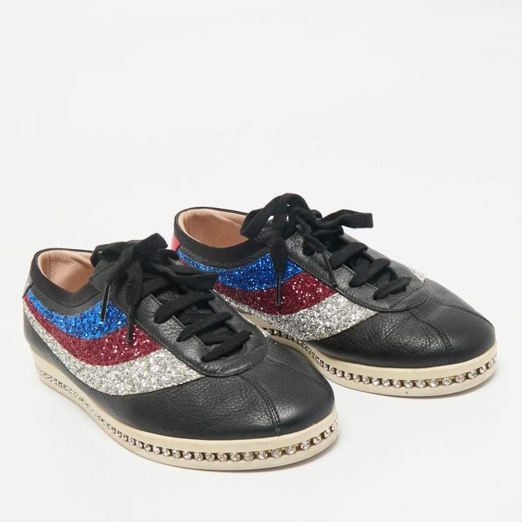 Pre Owned Gucci Black Leather and Glitter Falacer Low Top Sneakers Size 39