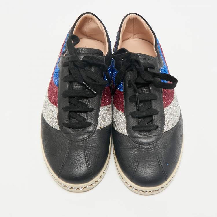 Pre Owned Gucci Black Leather and Glitter Falacer Low Top Sneakers Size 39