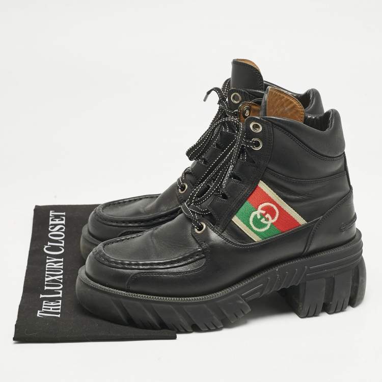 Pre Owned Gucci Black Leather Interlocking G Web Stripe Ankle Boots Size 39.5