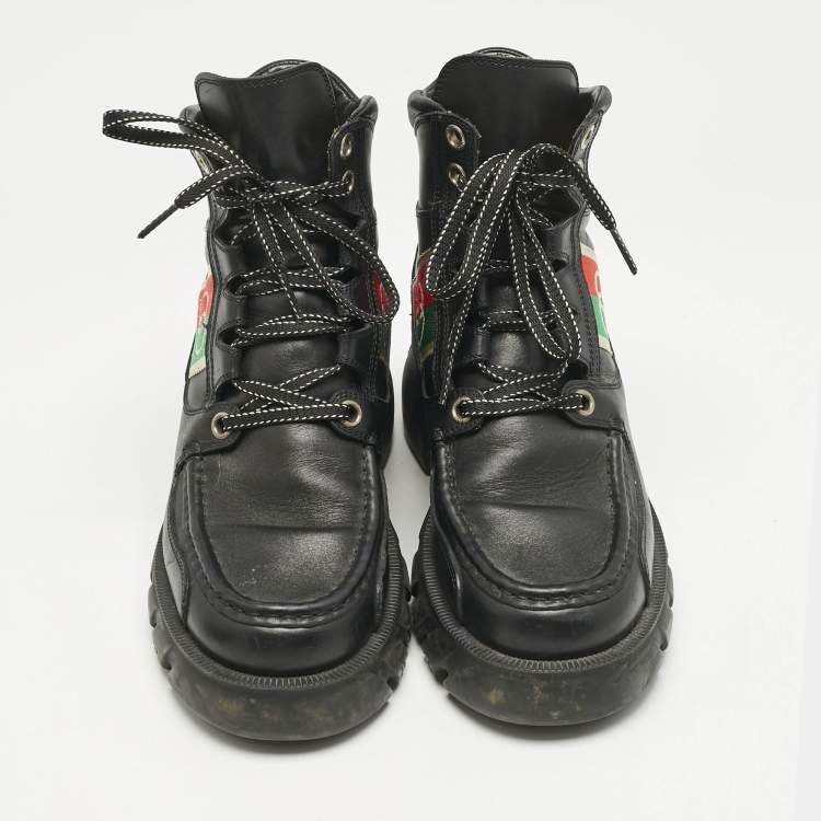 Pre Owned Gucci Black Leather Interlocking G Web Stripe Ankle Boots Size 39.5