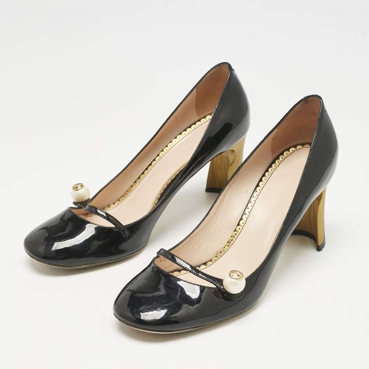Pre Owned Gucci Black Patent Leather Vernice Pearl Arielle Mary Jane Pumps Size 39