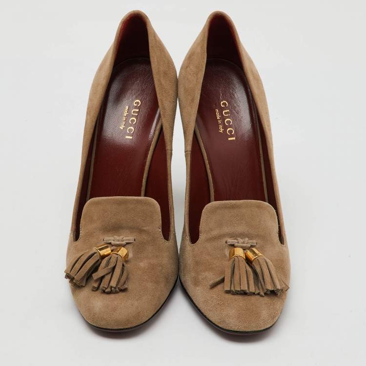مملوكة مسبقًا Gucci Beige Suede Mischa Tassel Moccasin Pumps Size 36