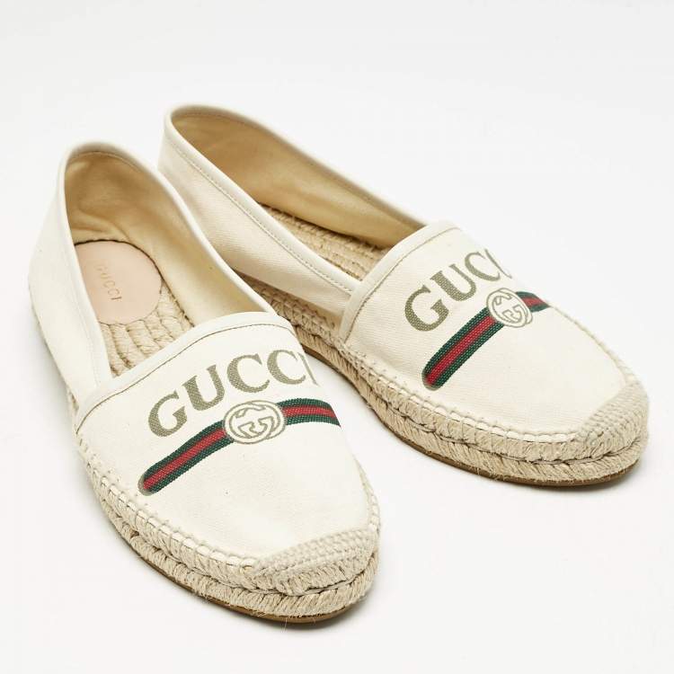 Pre Owned Gucci Canvas Canvas And Leather Trim Logo Print Espadrilles Size 39