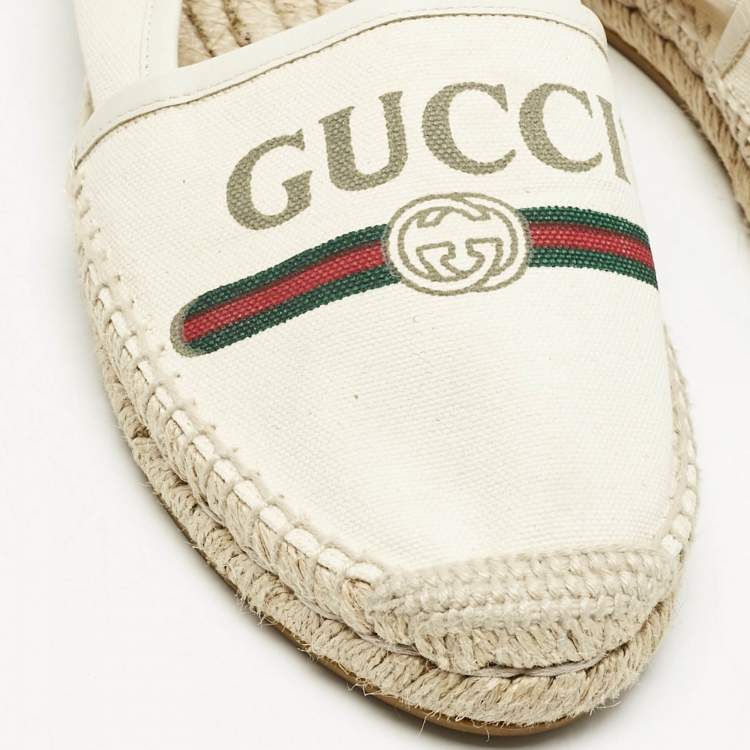 Pre Owned Gucci Canvas Canvas And Leather Trim Logo Print Espadrilles Size 39