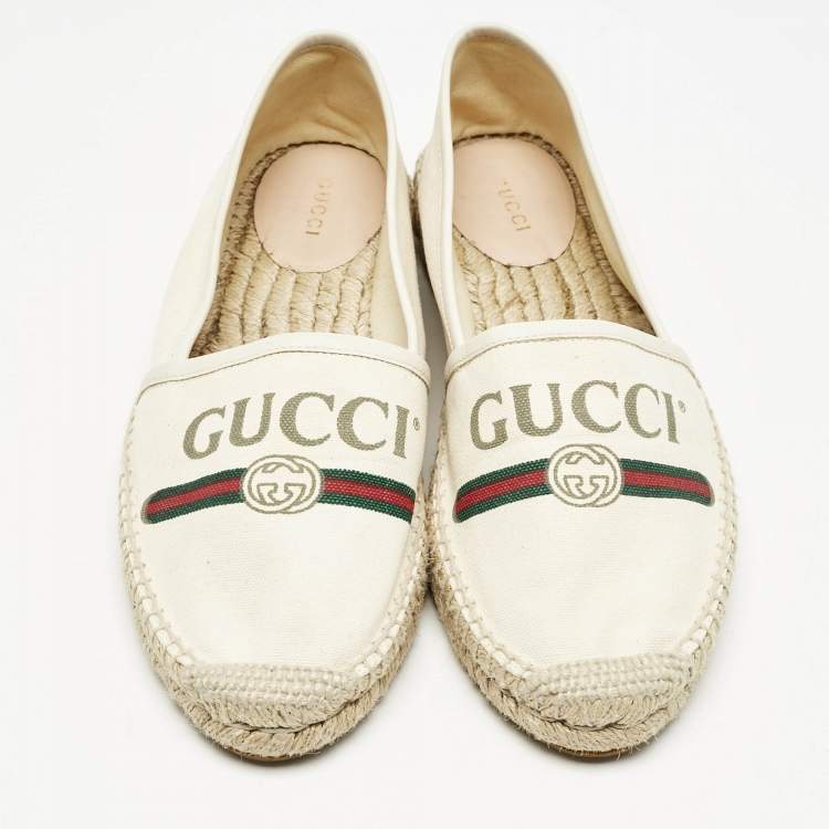 Pre Owned Gucci Canvas Canvas And Leather Trim Logo Print Espadrilles Size 39