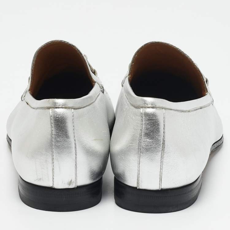 Pre Owned Gucci Silver Leather Jordaan Horsebit Slip On Loafers Size 39
