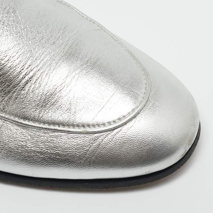 Pre Owned Gucci Silver Leather Jordaan Horsebit Slip On Loafers Size 39