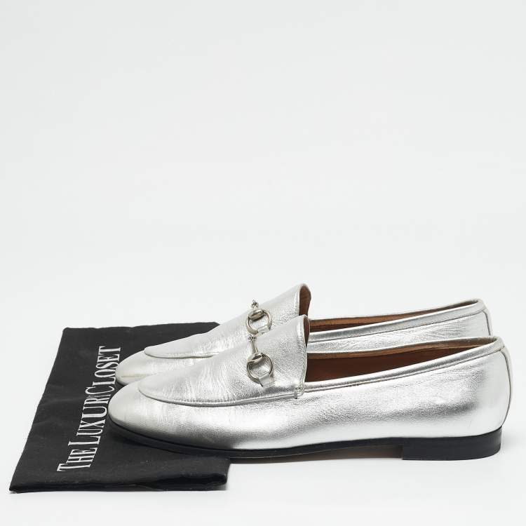 Pre Owned Gucci Silver Leather Jordaan Horsebit Slip On Loafers Size 39