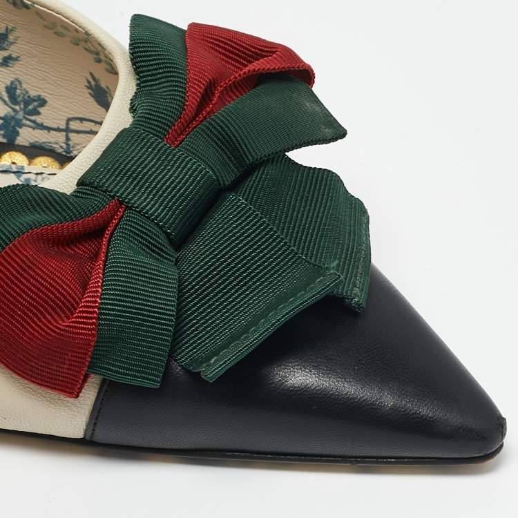 Pre Owned Gucci Cream/Black Leather Sackville Web Bow Mules Size 39.5