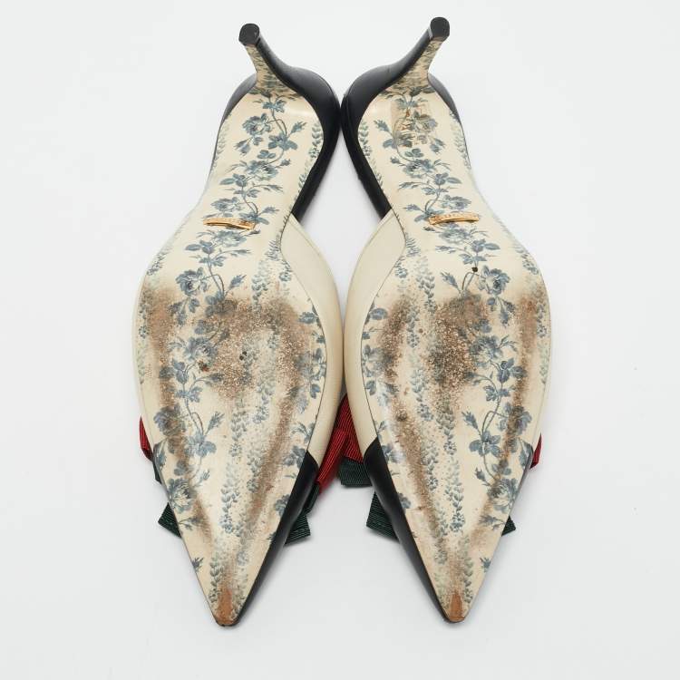 Pre Owned Gucci Cream/Black Leather Sackville Web Bow Mules Size 39.5