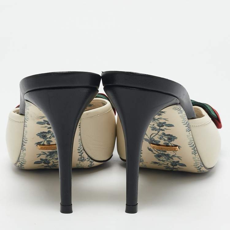 Pre Owned Gucci Cream/Black Leather Sackville Web Bow Mules Size 39.5