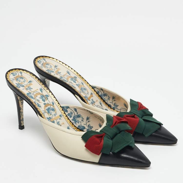 Pre Owned Gucci Cream/Black Leather Sackville Web Bow Mules Size 39.5