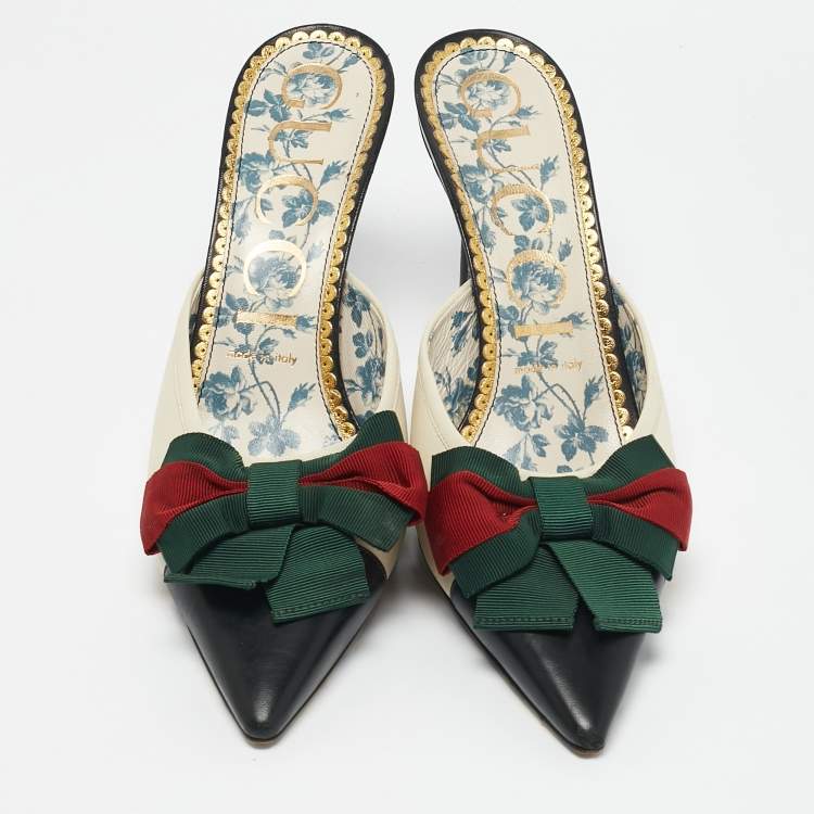 Pre Owned Gucci Cream/Black Leather Sackville Web Bow Mules Size 39.5