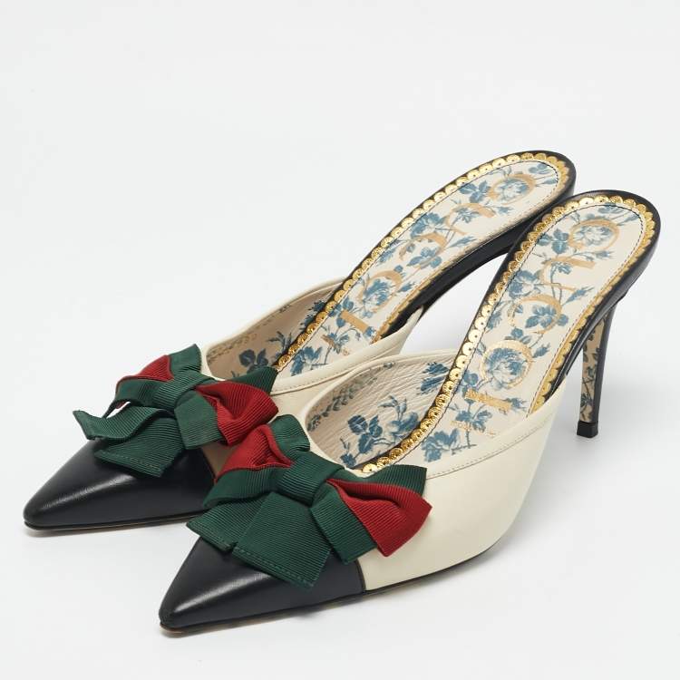 Pre Owned Gucci Cream/Black Leather Sackville Web Bow Mules Size 39.5
