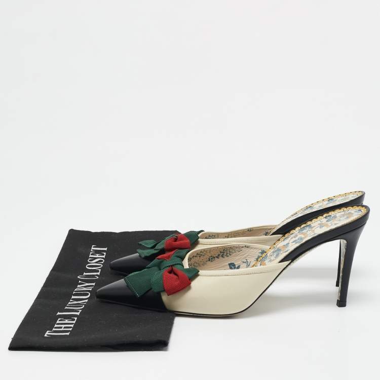 Pre Owned Gucci Cream/Black Leather Sackville Web Bow Mules Size 39.5