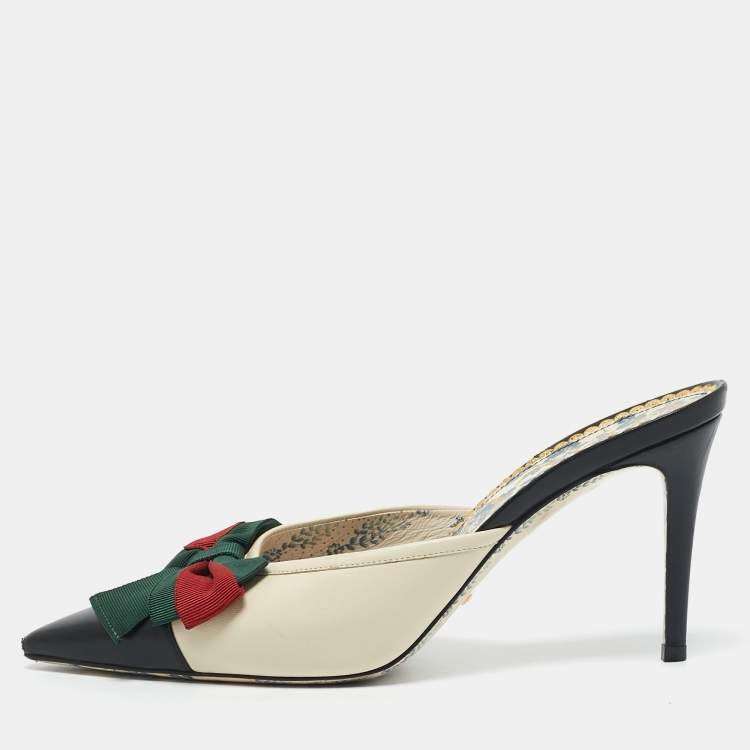 Pre Owned Gucci Cream/Black Leather Sackville Web Bow Mules Size 39.5