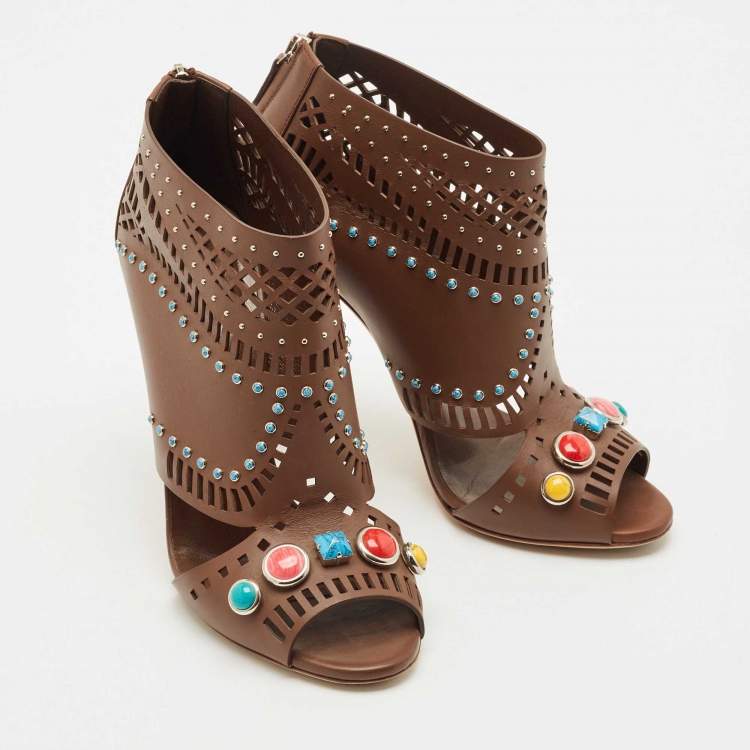 Pre Owned Gucci Brown Leather Lika Embellished Booties Size 38.5